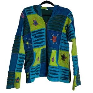 Handmade Nepal Patchwork Jacket Hoodie Boho Festival Hippie Embroidered L